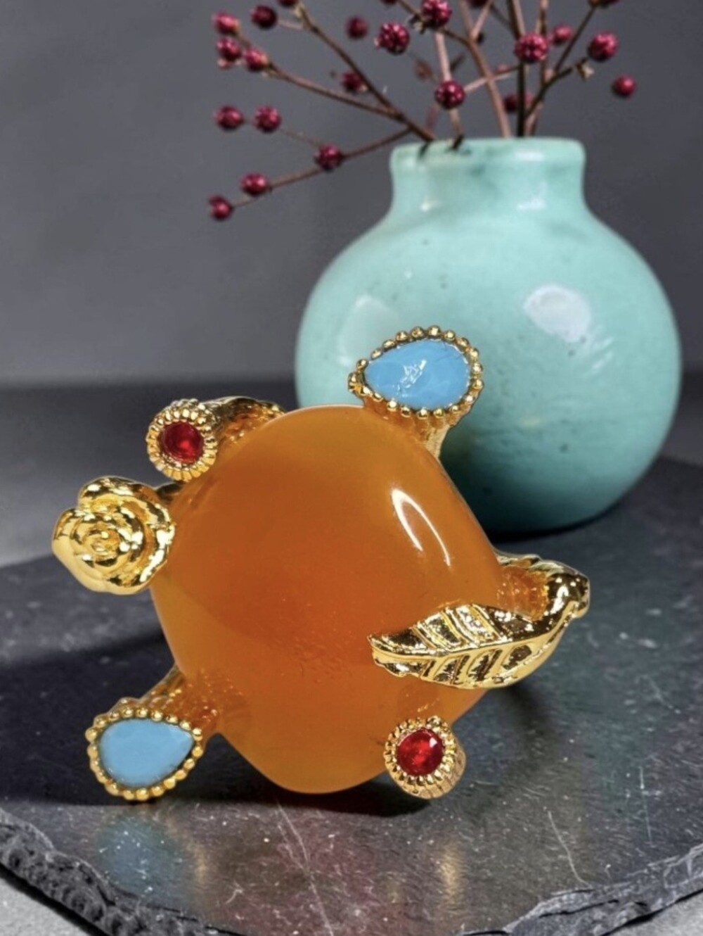 18k Gold Plated Tangerine Chalcedony Turquoise Ruby Caged Rose Leaf Ring